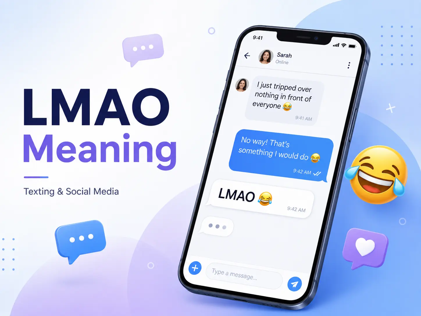 Featured image for LMAO meaning showing a smartphone chat with “LMAO 😂,” a laughing emoji, and texting and social media graphics.