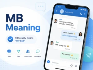 MB Meaning featured image showing a smartphone chat where “MB” means “my bad” in texting, DMs, group chats, and comments.