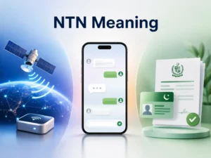 NTN Meaning featured image showing a smartphone chat, satellite-based network connectivity, and Pakistani tax documents to represent texting slang, Non-Terrestrial Network, and National Tax Number.