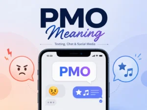 PMO meaning in texting, chat, and social media, showing frustration and recommendation examples on a smartphone.