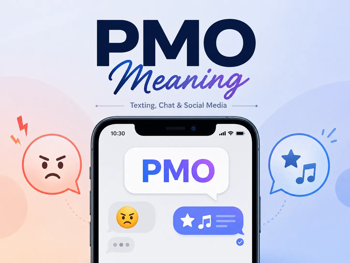 PMO meaning in texting, chat, and social media, showing frustration and recommendation examples on a smartphone.