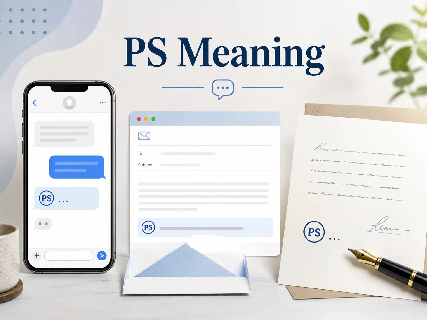 PS Meaning illustrated with a text message, email, and handwritten letter showing how PS is used as a postscript.