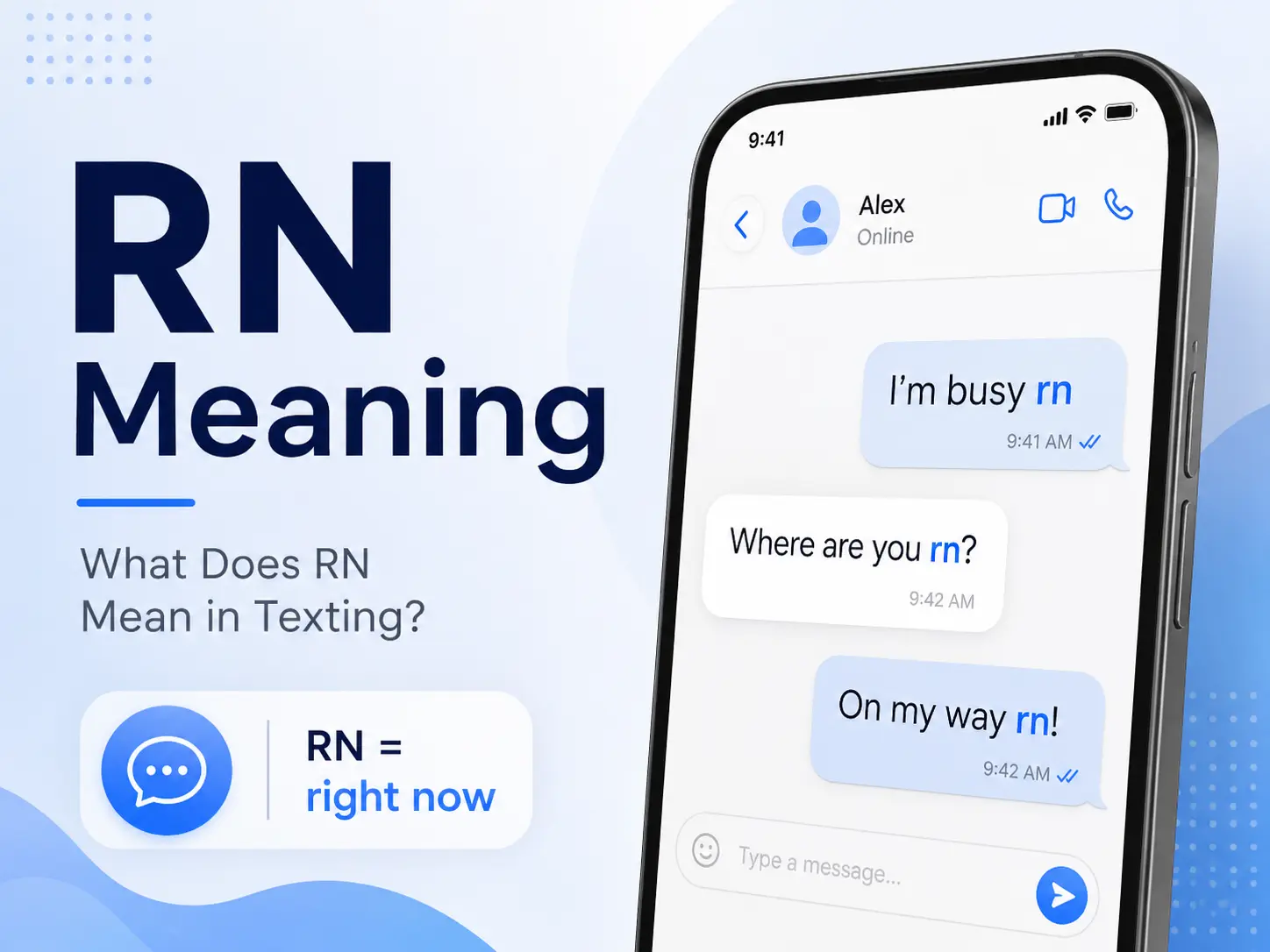 RN Meaning featured image showing smartphone chat examples with “rn” meaning “right now” in texting.