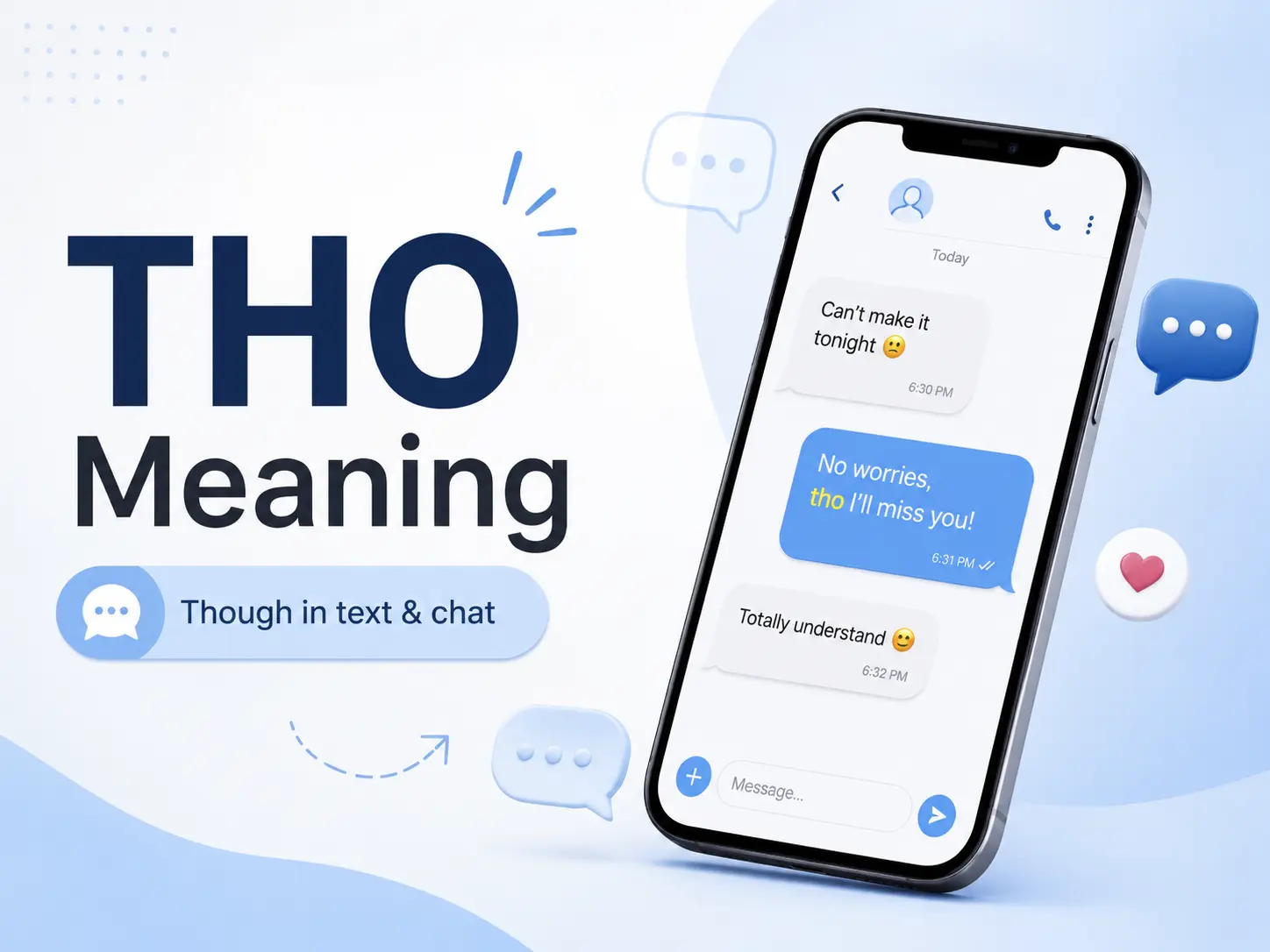 THO Meaning featured image showing a smartphone chat conversation explaining that “tho” means “though” in text and online chat.