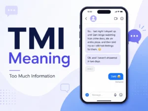 TMI Meaning featured image showing a smartphone chat example with “TMI!” and the phrase “Too Much Information.”
