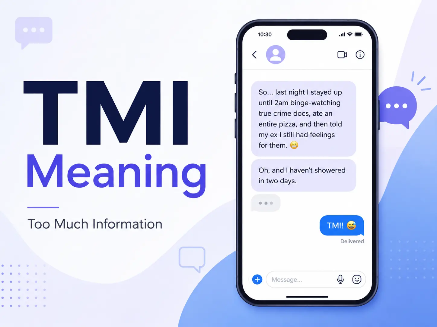 TMI Meaning featured image showing a smartphone chat example with “TMI!” and the phrase “Too Much Information.”