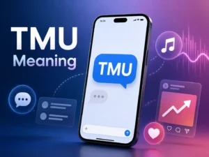 TMU Meaning featured image with a smartphone chat bubble, messaging, music, and social media icons on a blue and purple background.
