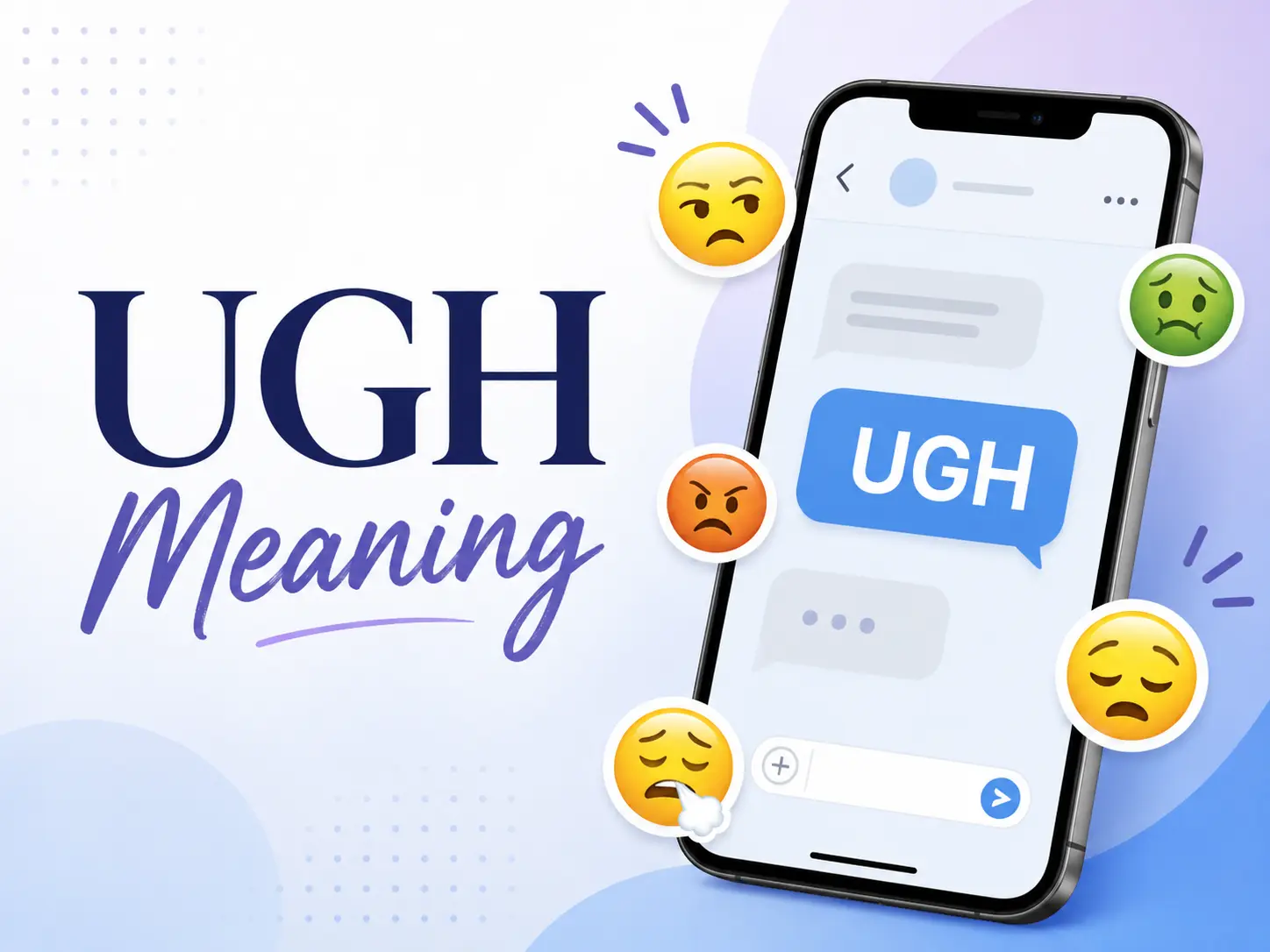 UGH Meaning featured image with a smartphone chat showing “UGH” and reaction emojis representing frustration, annoyance, disgust, and exhaustion.