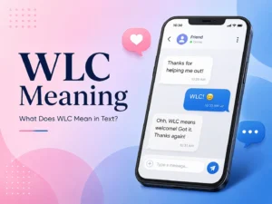 WLC meaning featured image with a smartphone chat explaining that WLC means welcome, set against a professional pink and blue background.
