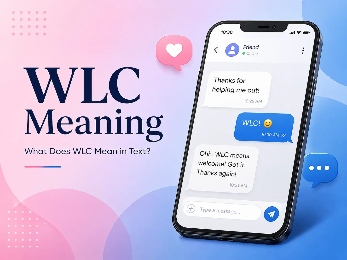 WLC meaning featured image with a smartphone chat explaining that WLC means welcome, set against a professional pink and blue background.