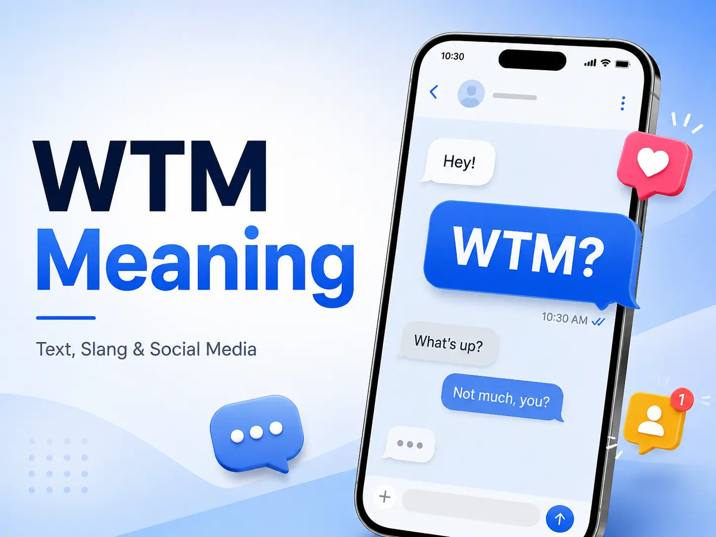 Featured image explaining WTM meaning in text, slang, and social media with a smartphone chat showing “WTM?” and casual message examples.