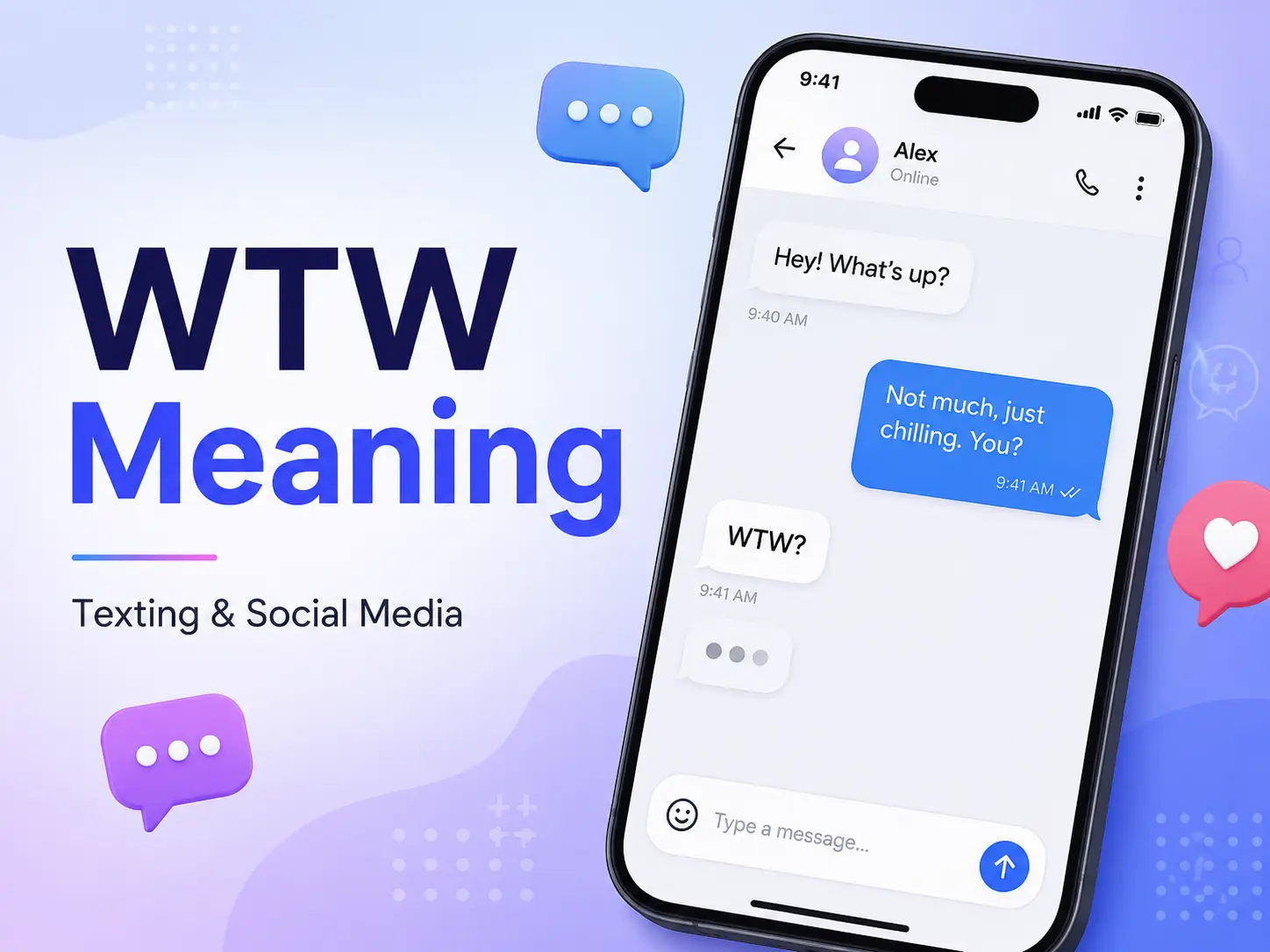 Featured image explaining WTW meaning in texting and social media with a smartphone chat showing “WTW?” and casual message examples.