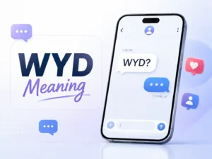 WYD meaning featured image showing a smartphone chat with “WYD?” and modern messaging icons.