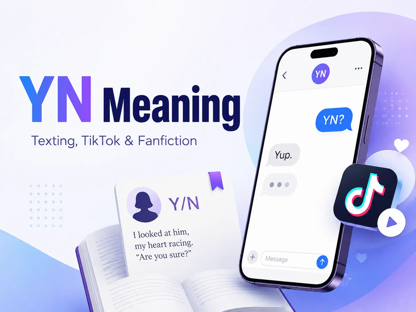 YN Meaning featured image showing texting, TikTok, and fanfiction examples with a smartphone, chat bubbles, and Y/N reader-insert content.