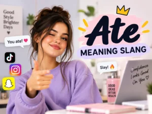 Ate meaning slang featured image showing “You ate!” as a compliment with social media icons and a confident reaction.