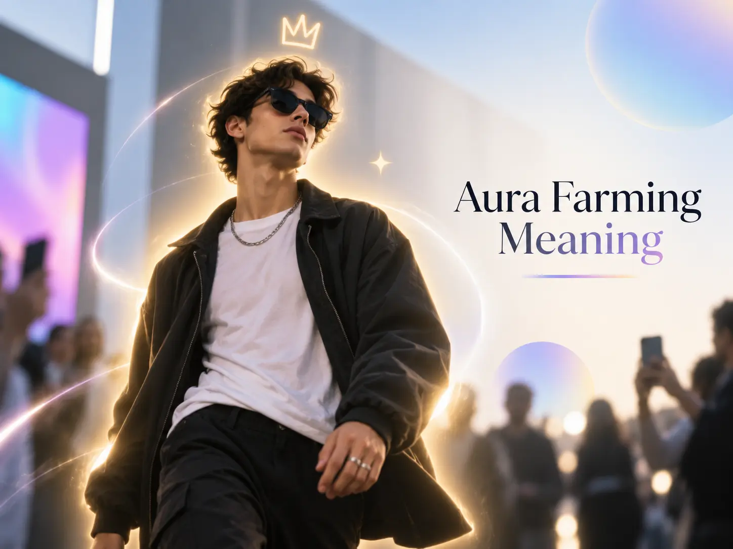 Aura Farming Meaning featured image showing a stylish young man with sunglasses surrounded by a glowing aura and social-media-inspired visuals.