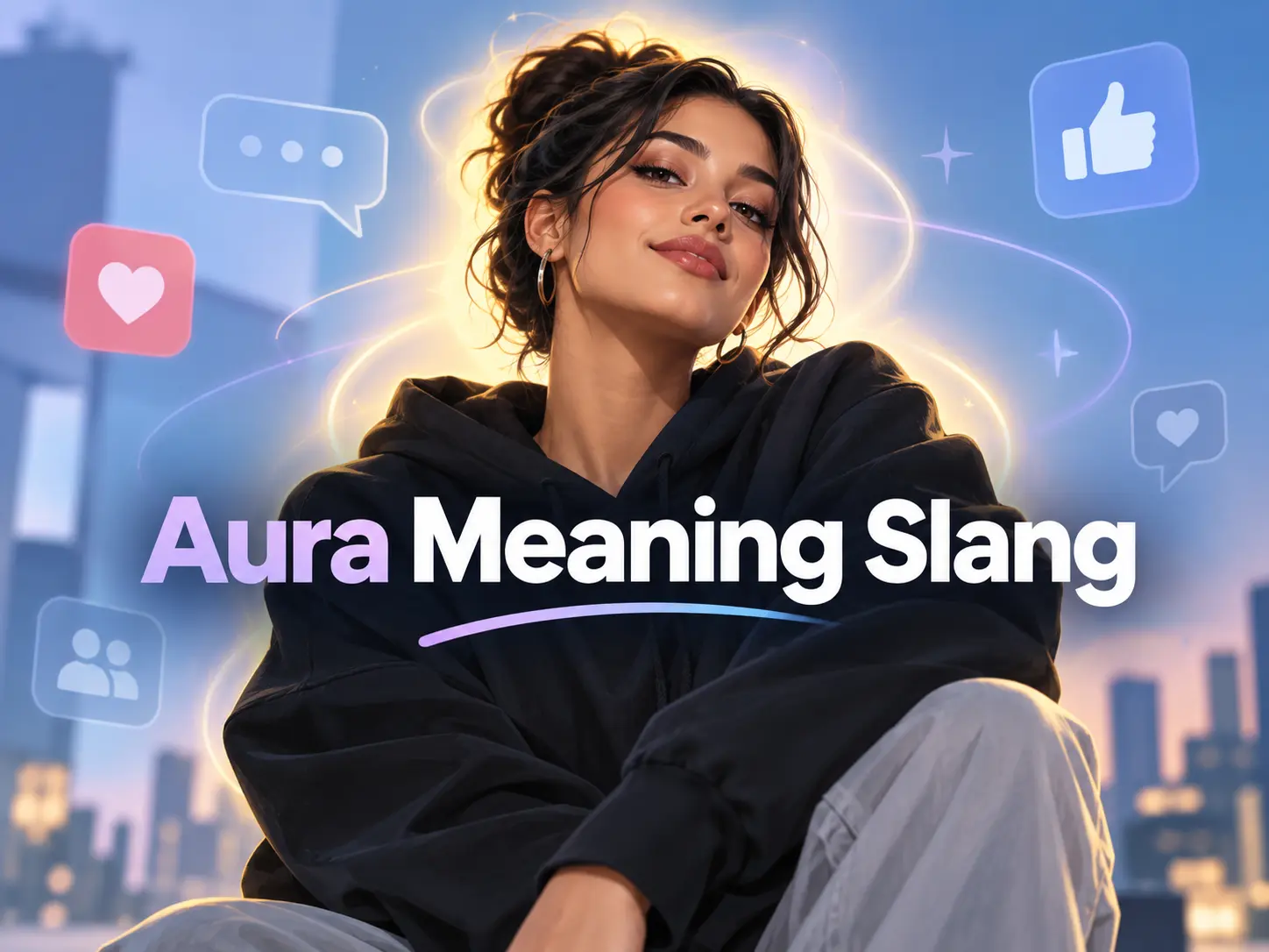 Aura meaning slang featured image showing a confident young woman with a glowing aura and social media icons.