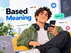 Based meaning featured image showing a confident social media user with reactions like “facts,” “respect,” and “stay authentic.”