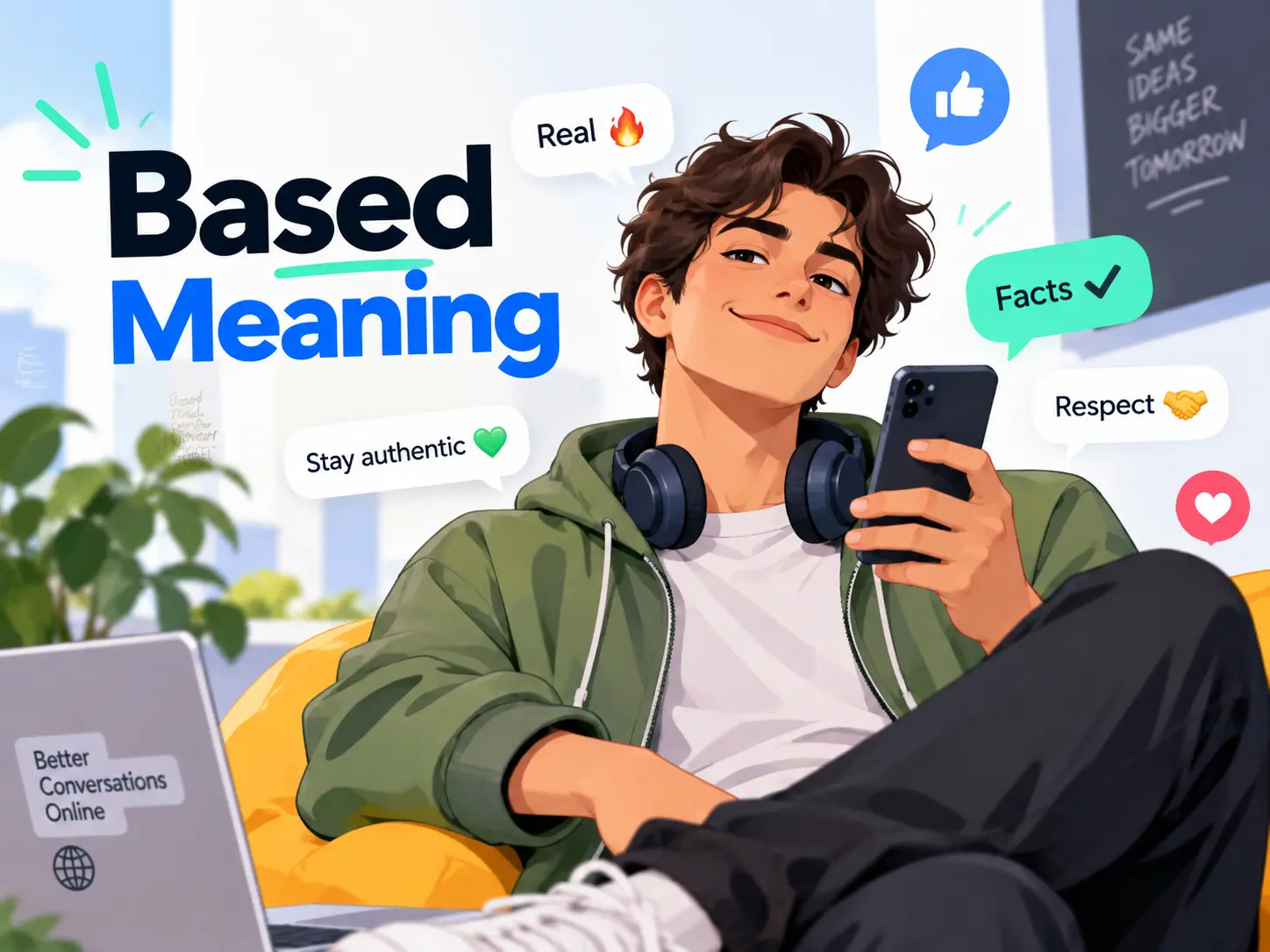 Based meaning featured image showing a confident social media user with reactions like “facts,” “respect,” and “stay authentic.”