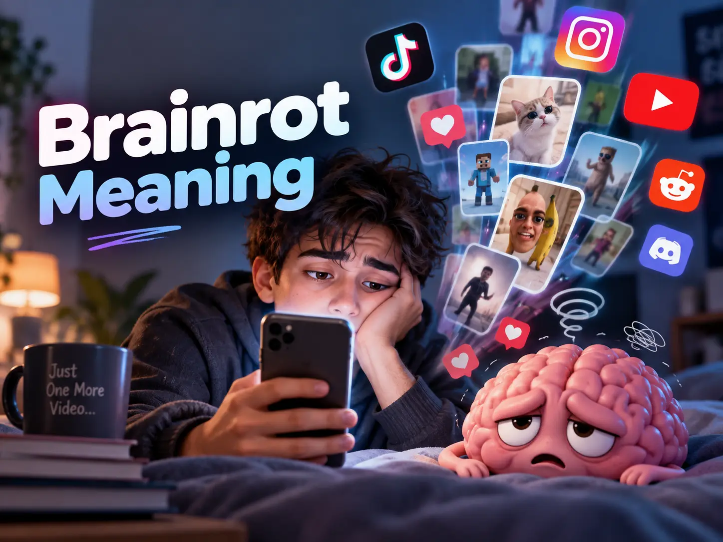 Brainrot meaning featured image showing a tired person scrolling social media on a phone while an exhausted cartoon brain represents digital overload and repetitive online content.
