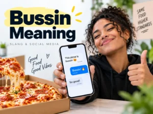 Bussin meaning featured image showing pizza, a smartphone chat using “bussin,” and a woman giving a thumbs-up.