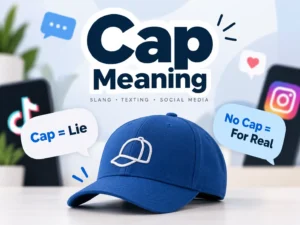 Cap meaning slang featured image with a blue baseball cap, “Cap = Lie,” and “No Cap = For Real” speech bubbles.