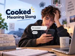 Cooked meaning slang featured image showing a stressed young person looking at a phone with an “I’m cooked” message, symbolizing exhaustion and being overwhelmed.