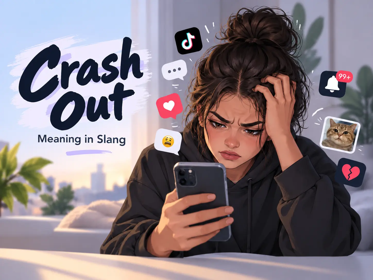 Crash Out meaning slang featured image showing a frustrated person looking at a phone with social media notifications and chat icons.