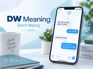 DW meaning featured image showing “Don’t Worry” with a smartphone displaying a friendly text conversation.