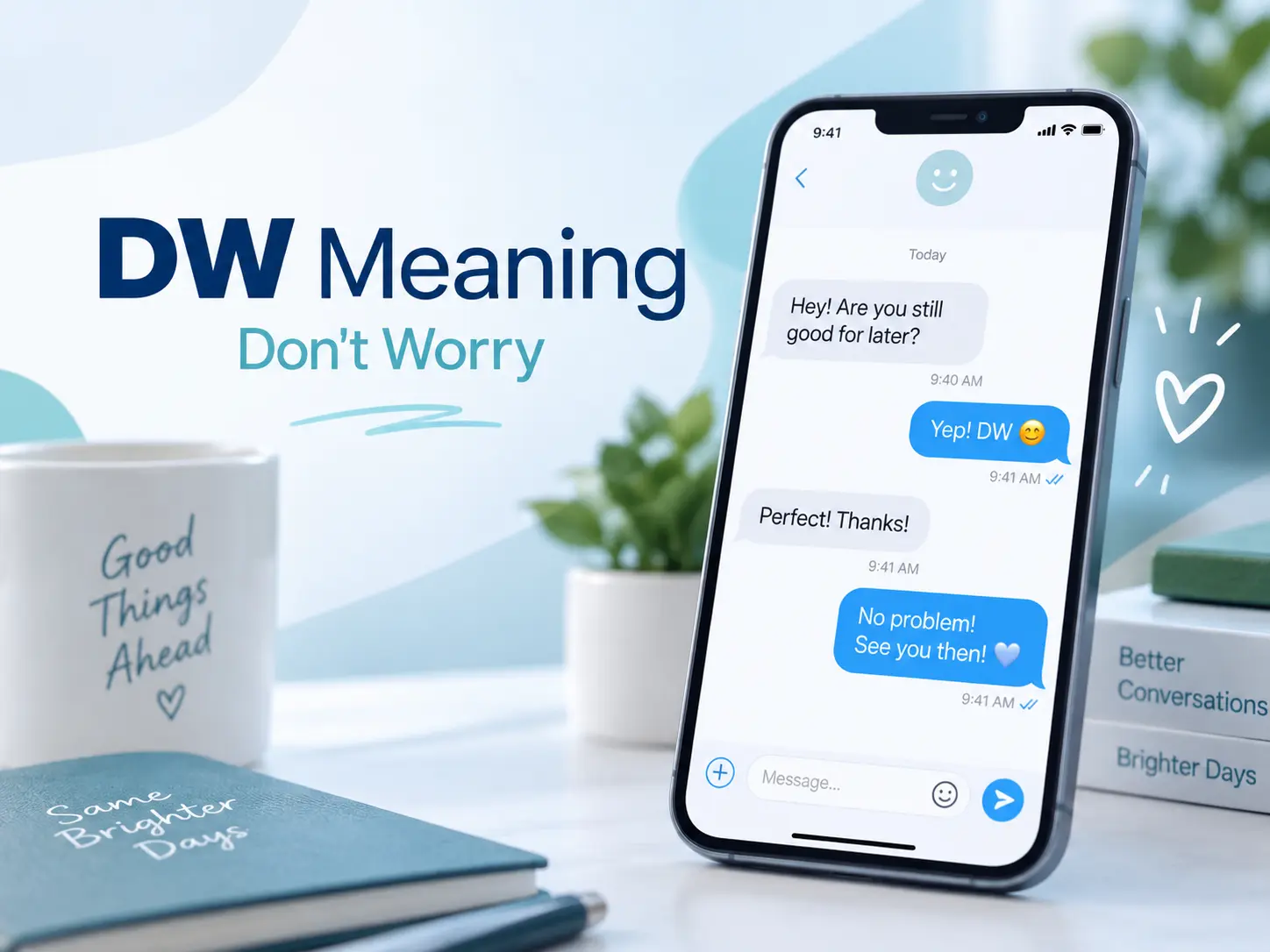 DW meaning featured image showing “Don’t Worry” with a smartphone displaying a friendly text conversation.