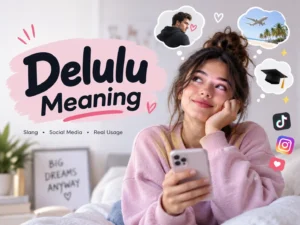 Delulu meaning featured image showing a young woman daydreaming with social media icons and thought bubbles about romance, travel, and goals.