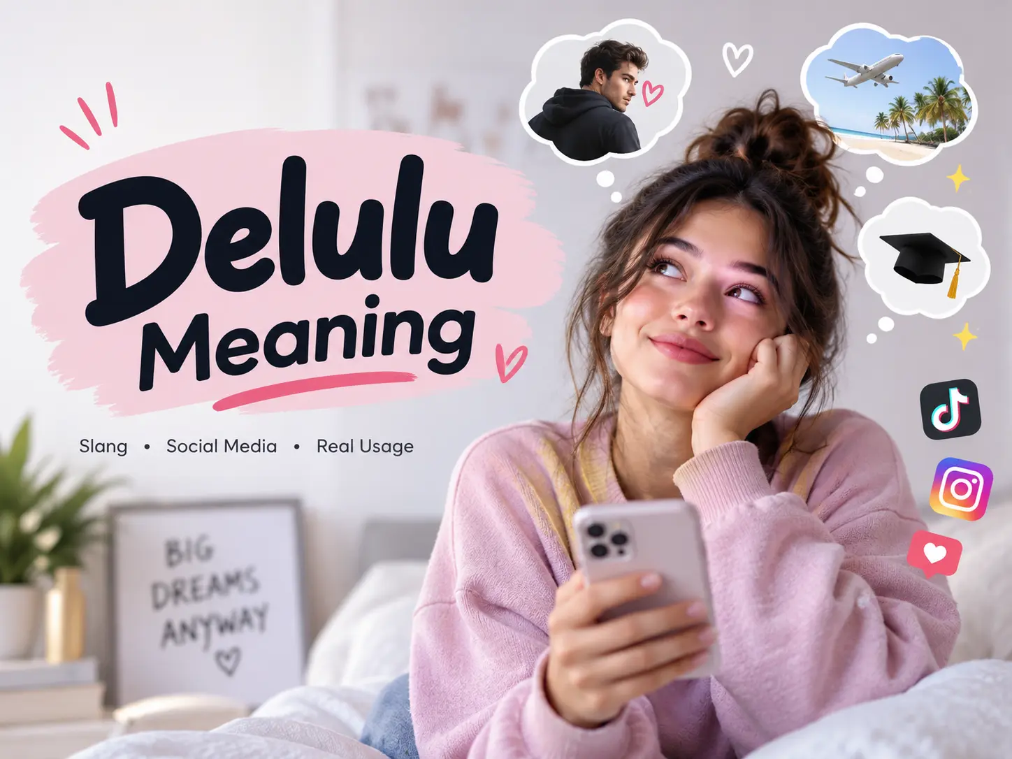 Delulu meaning featured image showing a young woman daydreaming with social media icons and thought bubbles about romance, travel, and goals.