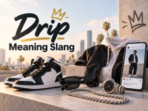 Drip Meaning Slang featured image showing stylish sneakers, jacket, sunglasses, watch, chain, and a social media fashion post.