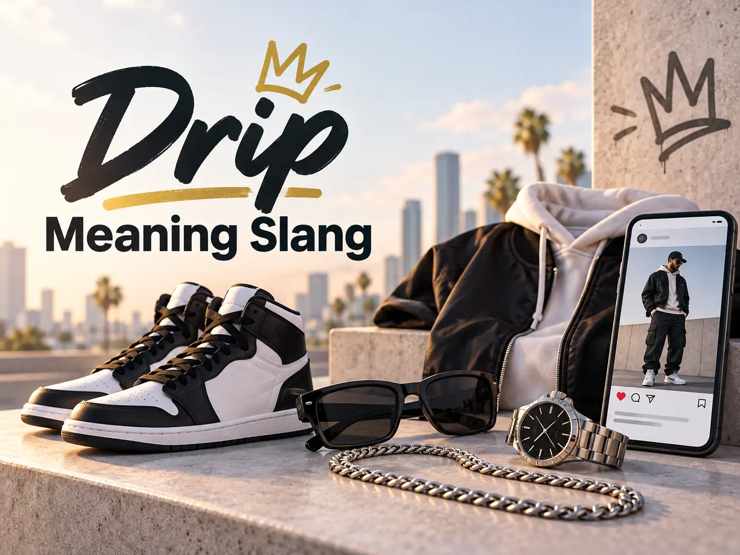 Drip Meaning Slang featured image showing stylish sneakers, jacket, sunglasses, watch, chain, and a social media fashion post.