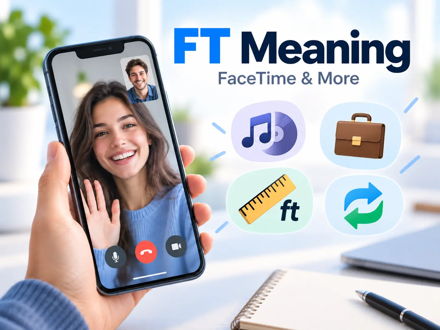 FT Meaning featured image showing a smartphone FaceTime video call with icons representing music featuring, full-time work, feet measurement, and trade.