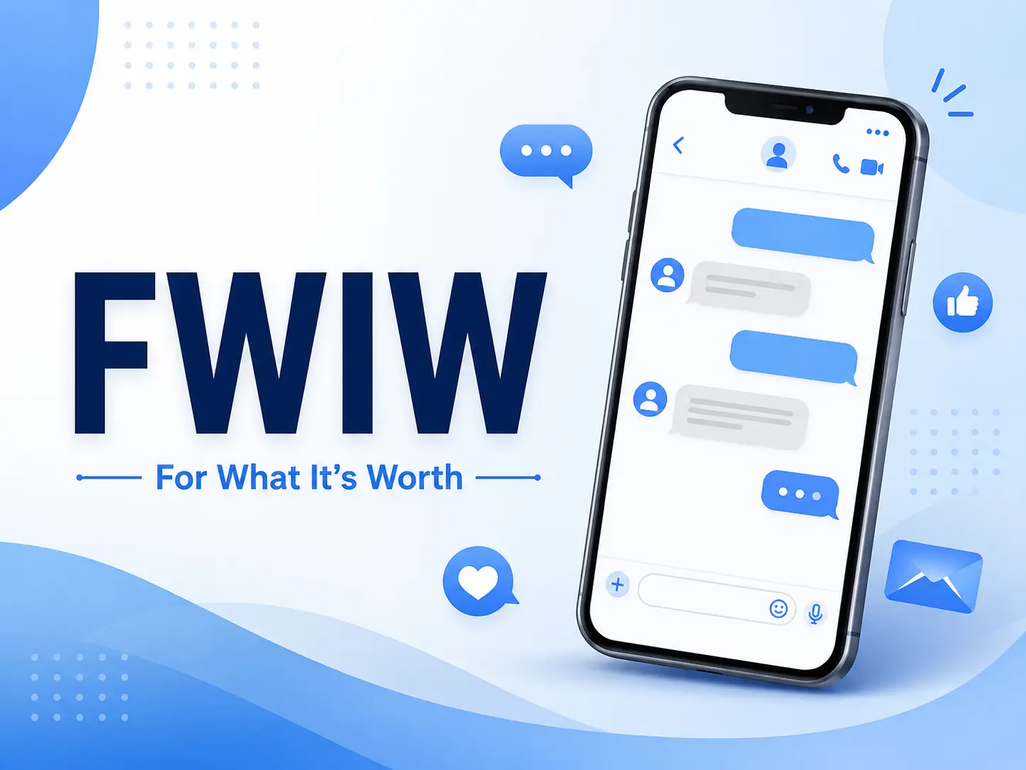FWIW meaning “For What It’s Worth” shown beside a smartphone chat interface with messaging and social media icons.