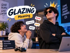 Glazing meaning slang featured image showing one person excessively praising another with hearts, fire emojis, and “GOAT” reactions.