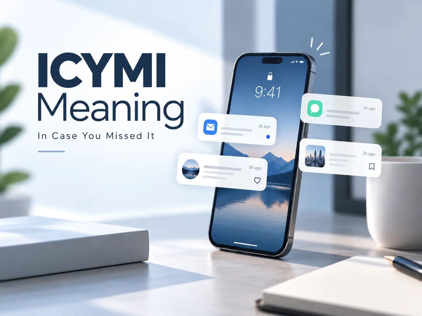ICYMI meaning featured image showing a smartphone with message, email, and social media notifications and the phrase “In Case You Missed It.”