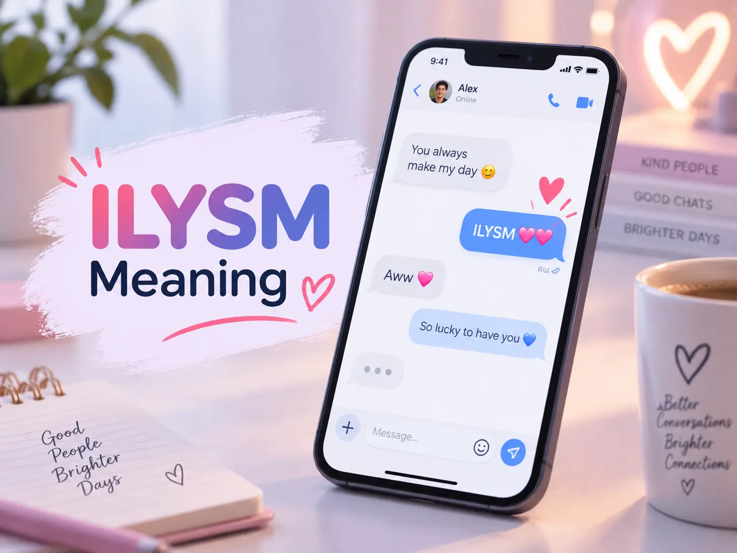 ILYSM meaning featured image showing a smartphone chat with affectionate messages and heart icons.