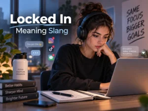 Locked In meaning slang featured image showing a focused student wearing headphones and working on a laptop, representing concentration, discipline, and commitment.