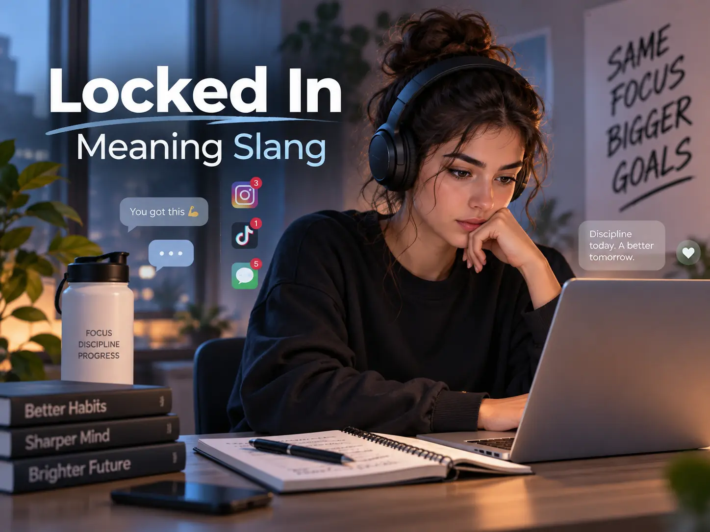 Locked In meaning slang featured image showing a focused student wearing headphones and working on a laptop, representing concentration, discipline, and commitment.
