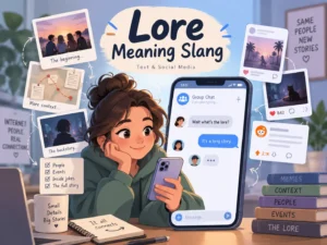 Lore Meaning Slang illustration showing a smartphone chat, social media posts, and backstory elements explaining lore in text and online conversations.