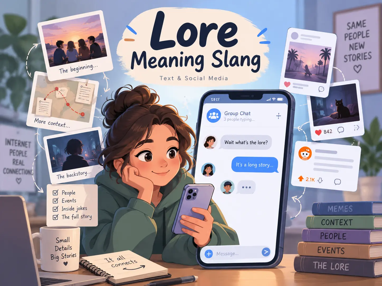 Lore Meaning Slang illustration showing a smartphone chat, social media posts, and backstory elements explaining lore in text and online conversations.