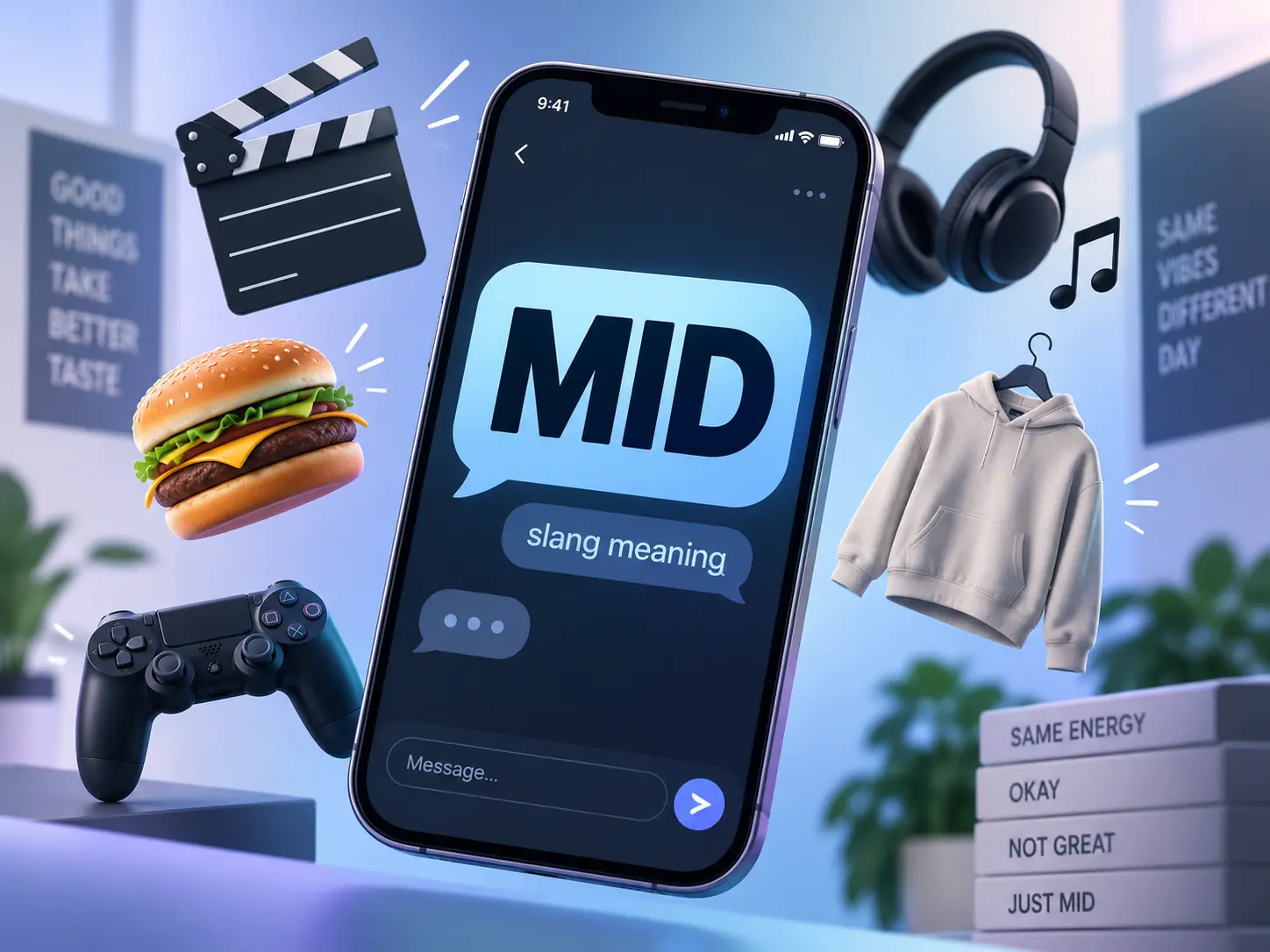 Mid meaning slang featured image showing a smartphone with “MID” surrounded by movie, music, food, fashion, and gaming icons.