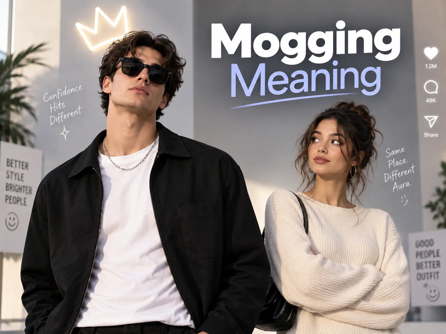 Mogging meaning featured image showing two stylish people side by side, with one standing out through height, confidence, style, and overall presence.
