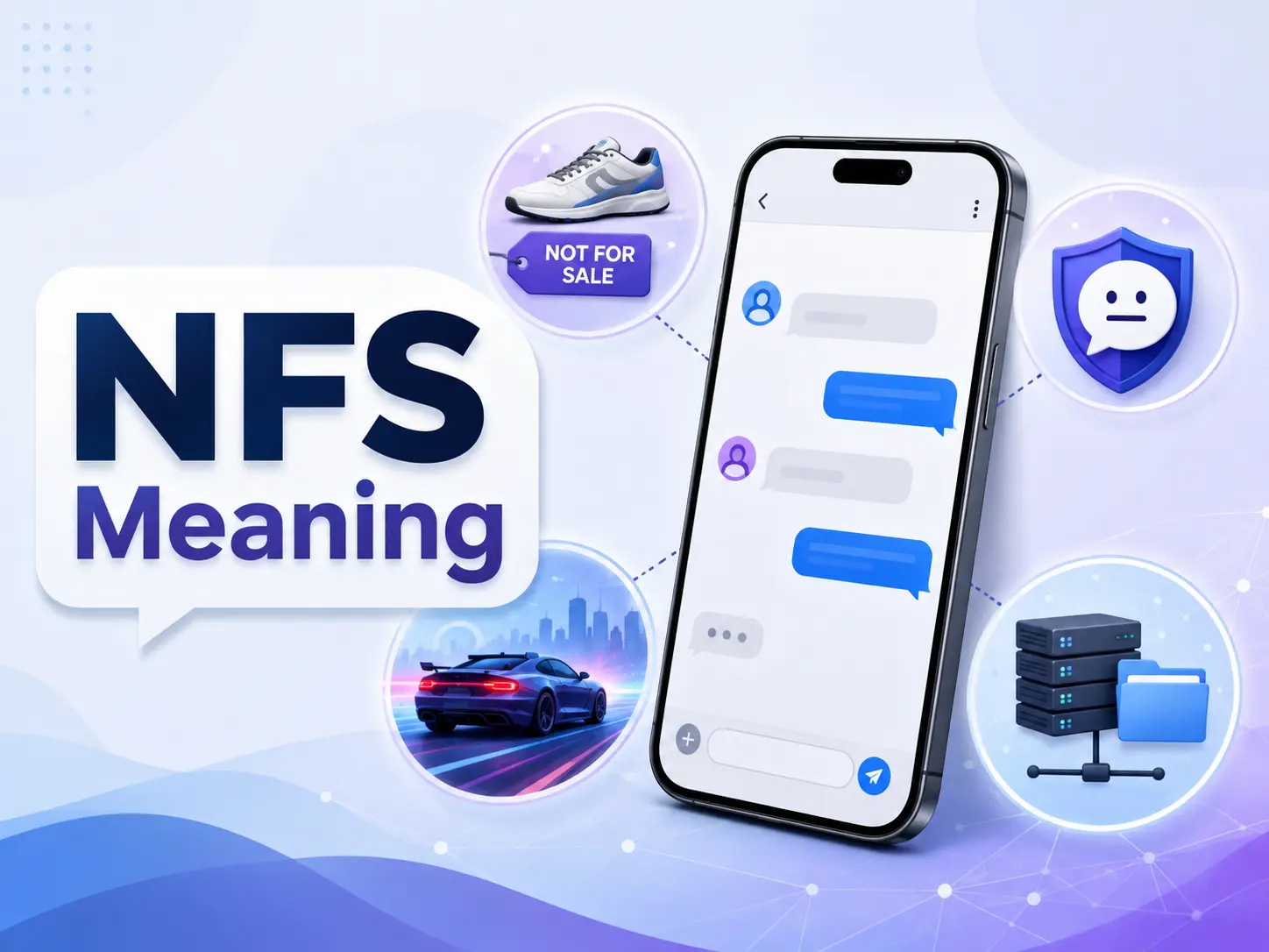 NFS meaning featured image showing a smartphone chat with Not For Sale, No Funny Stuff, Need for Speed, and Network File System contexts.