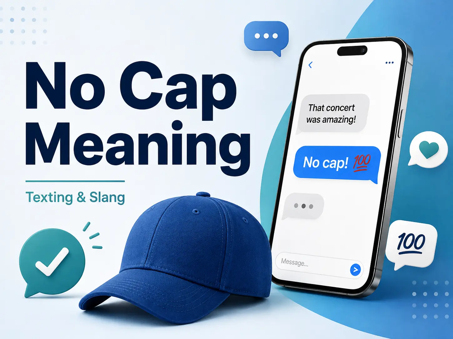 No Cap Meaning featured image with smartphone chat, blue cap, and texting slang symbols representing honesty and “no lie.”