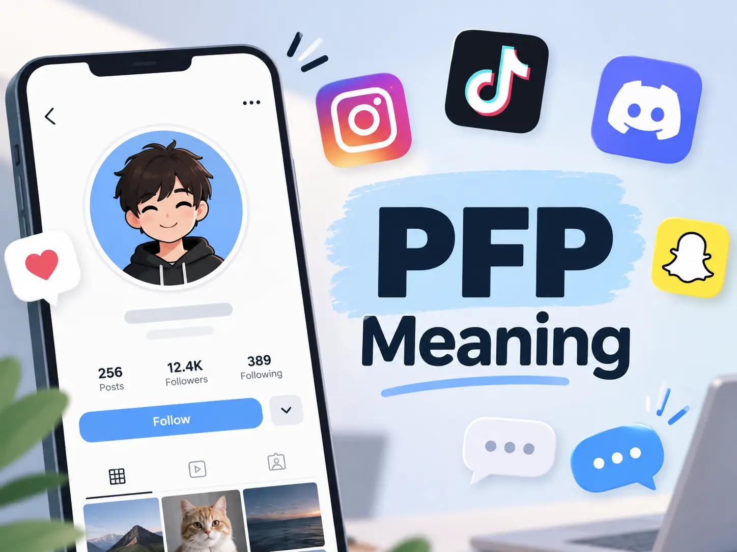 PFP meaning featured image showing a profile picture on a smartphone with social media icons for Instagram, TikTok, Discord, and Snapchat.