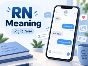 RN meaning featured image showing “RN = Right Now” with a smartphone displaying text message examples using RN in conversation.