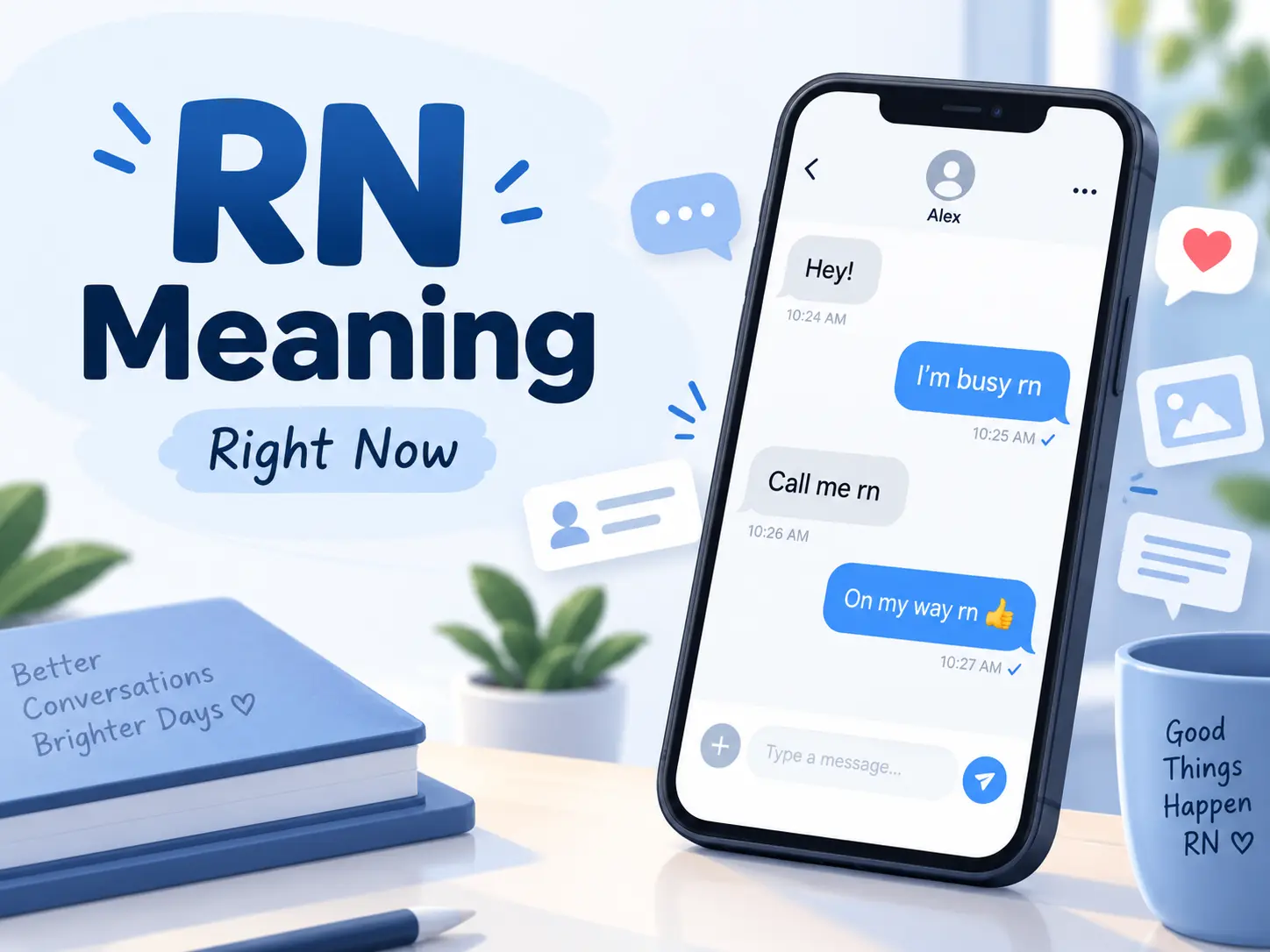 RN meaning featured image showing “RN = Right Now” with a smartphone displaying text message examples using RN in conversation.